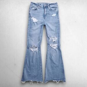 American Eagle Super Hi-Rise Flare Jeans Distressed Raw Hem Women 4 Short Blue